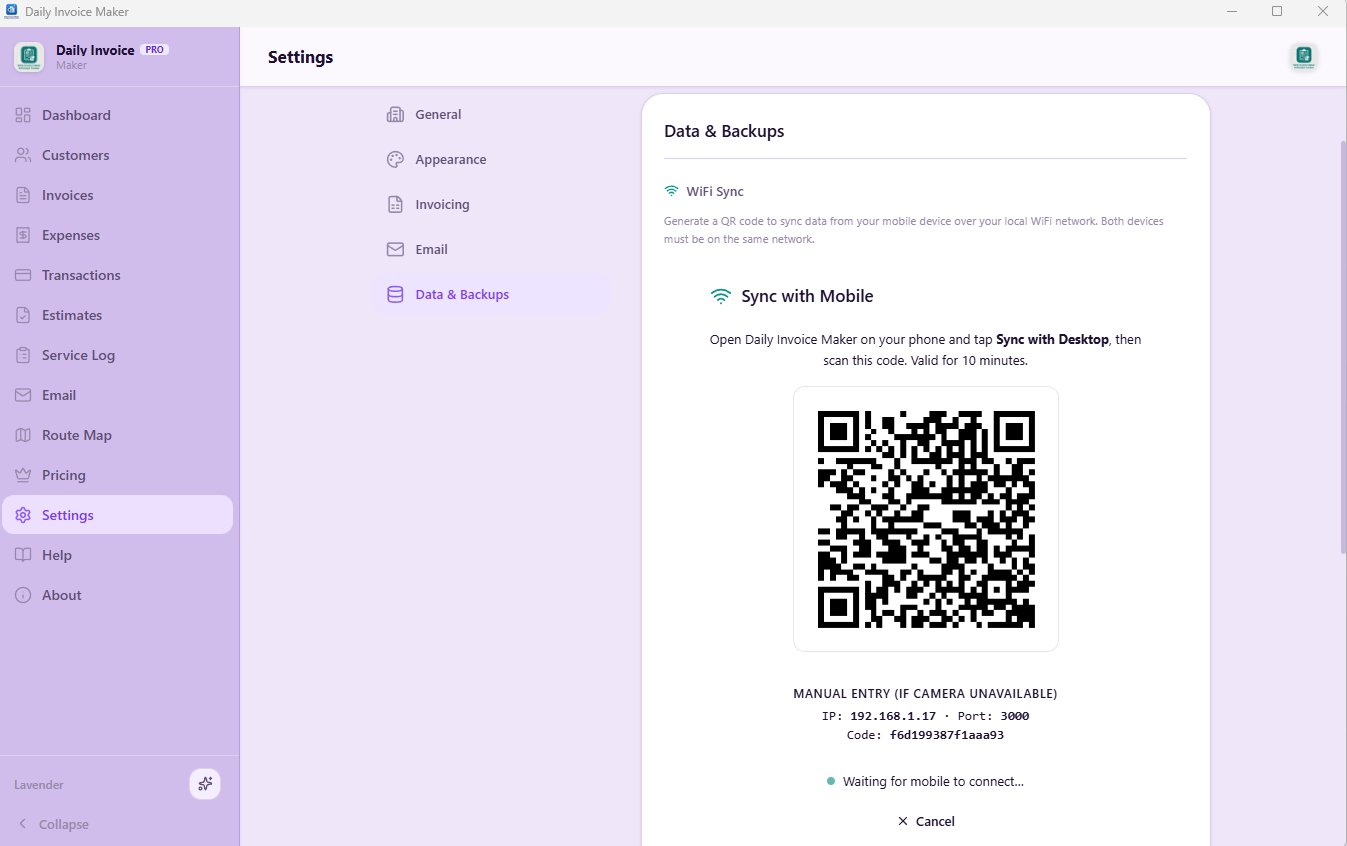 WiFi Sync QR code on the Windows desktop app ready for mobile to scan
