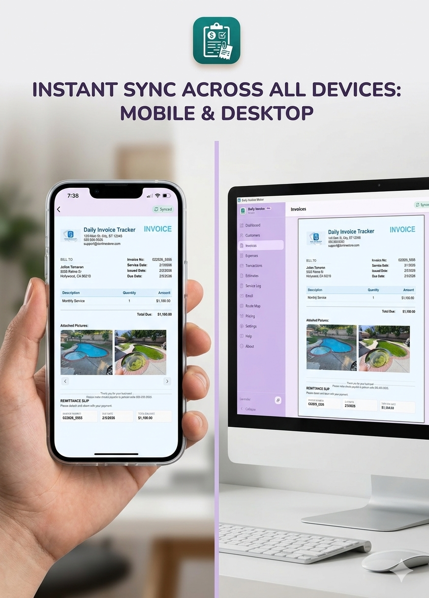 Phone and desktop side-by-side showing the same invoice synced over local WiFi