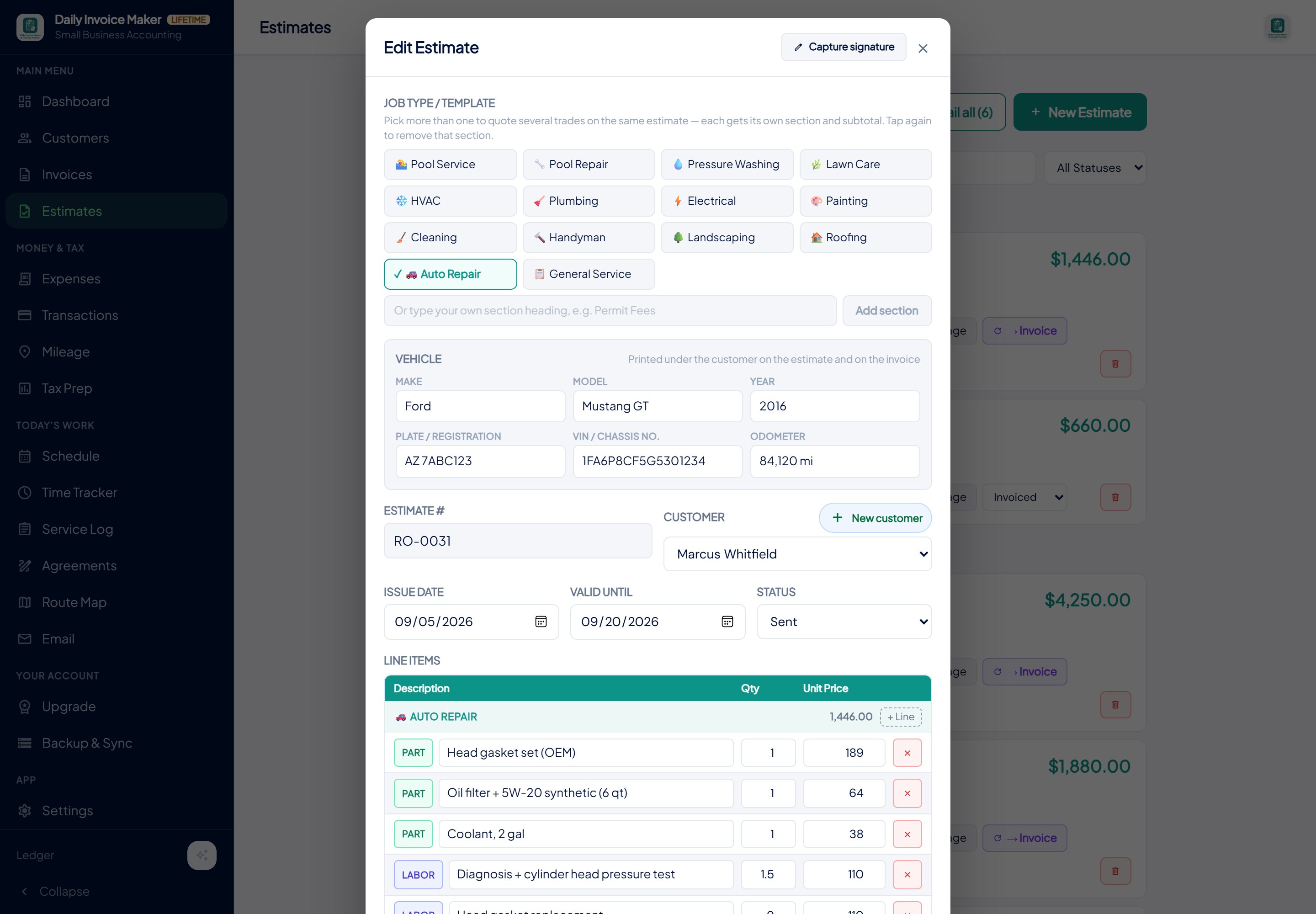 Estimate editor with the Auto Repair job type on, the Vehicle card filled in, and Part / Labor toggles on each line