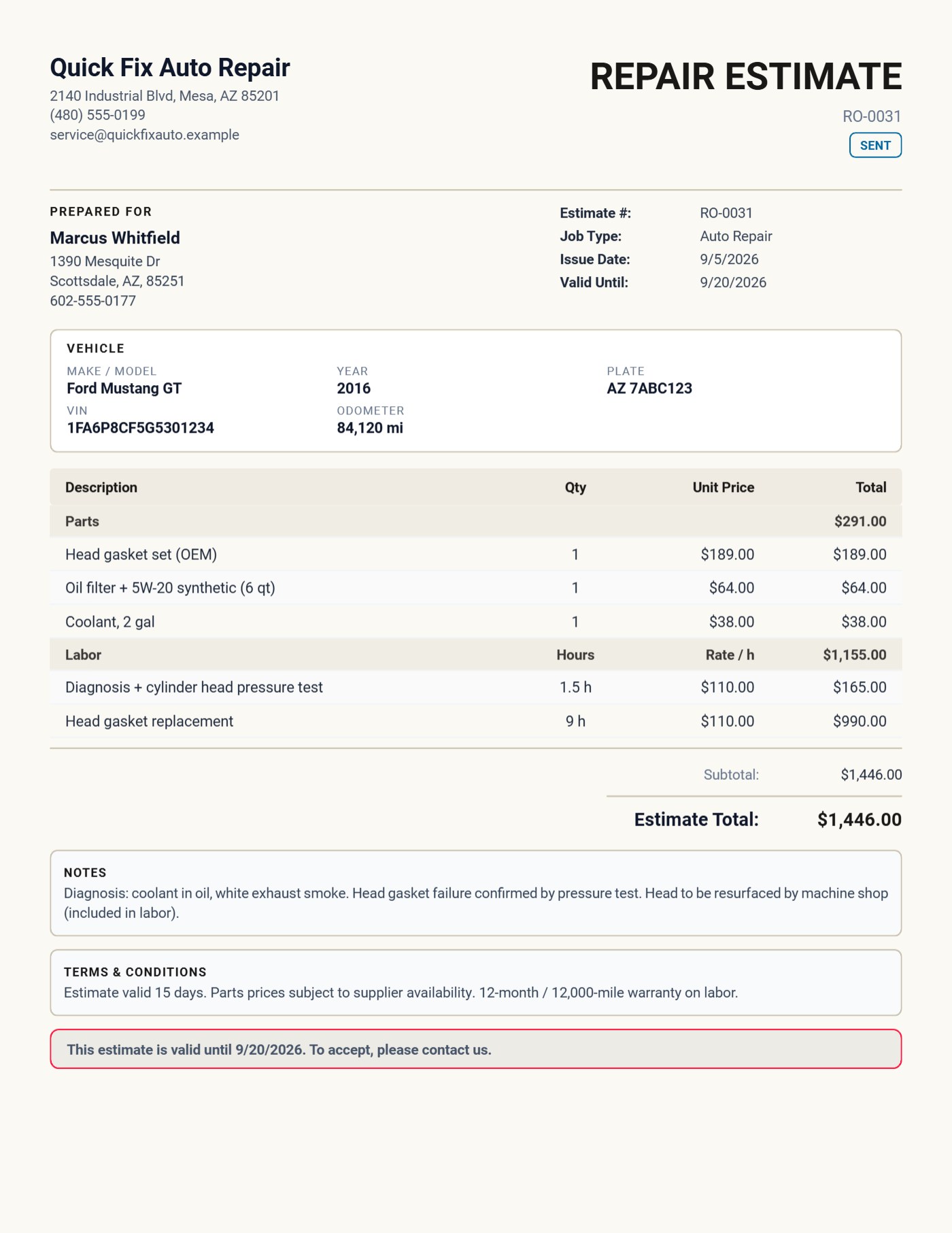 Repair estimate PDF with the vehicle block and separate Parts and Labor tables