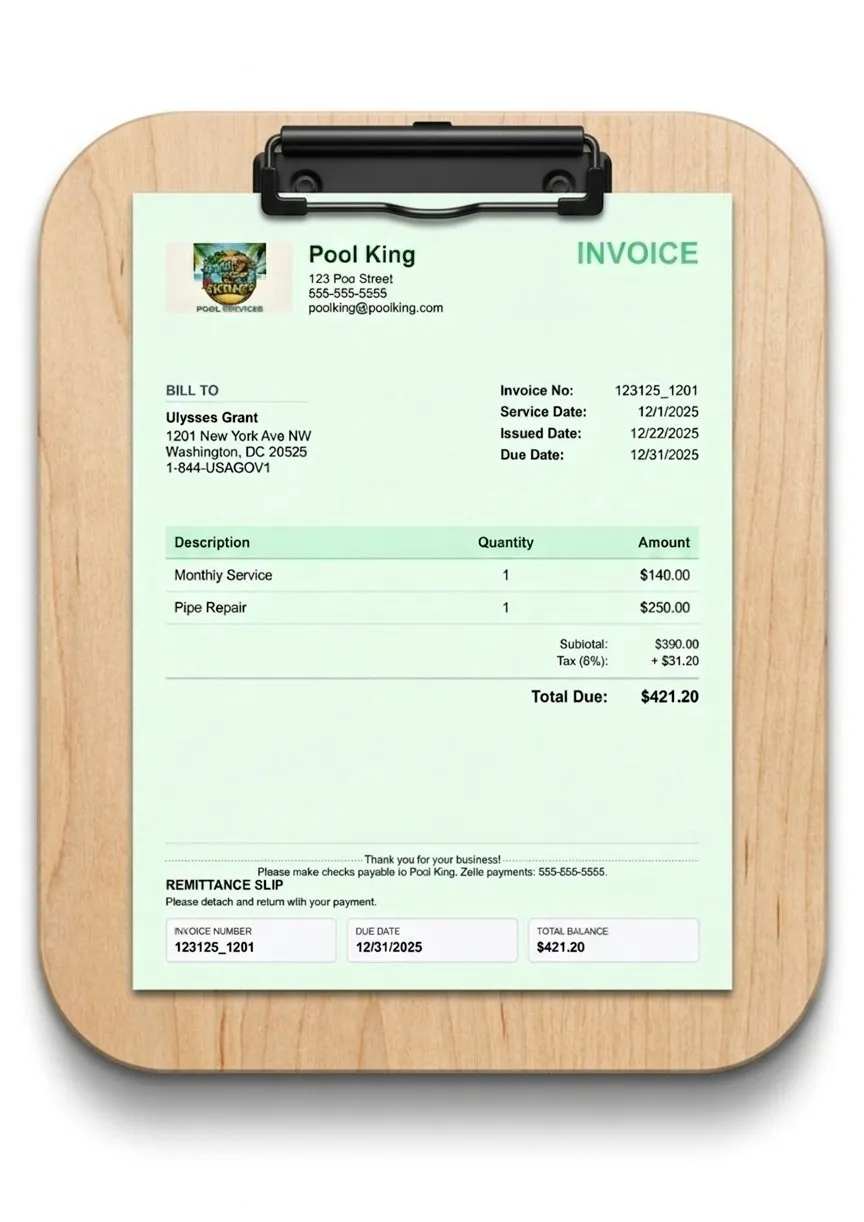 A branded pool-service invoice PDF with line items, job photos, and a tear-off remittance slip