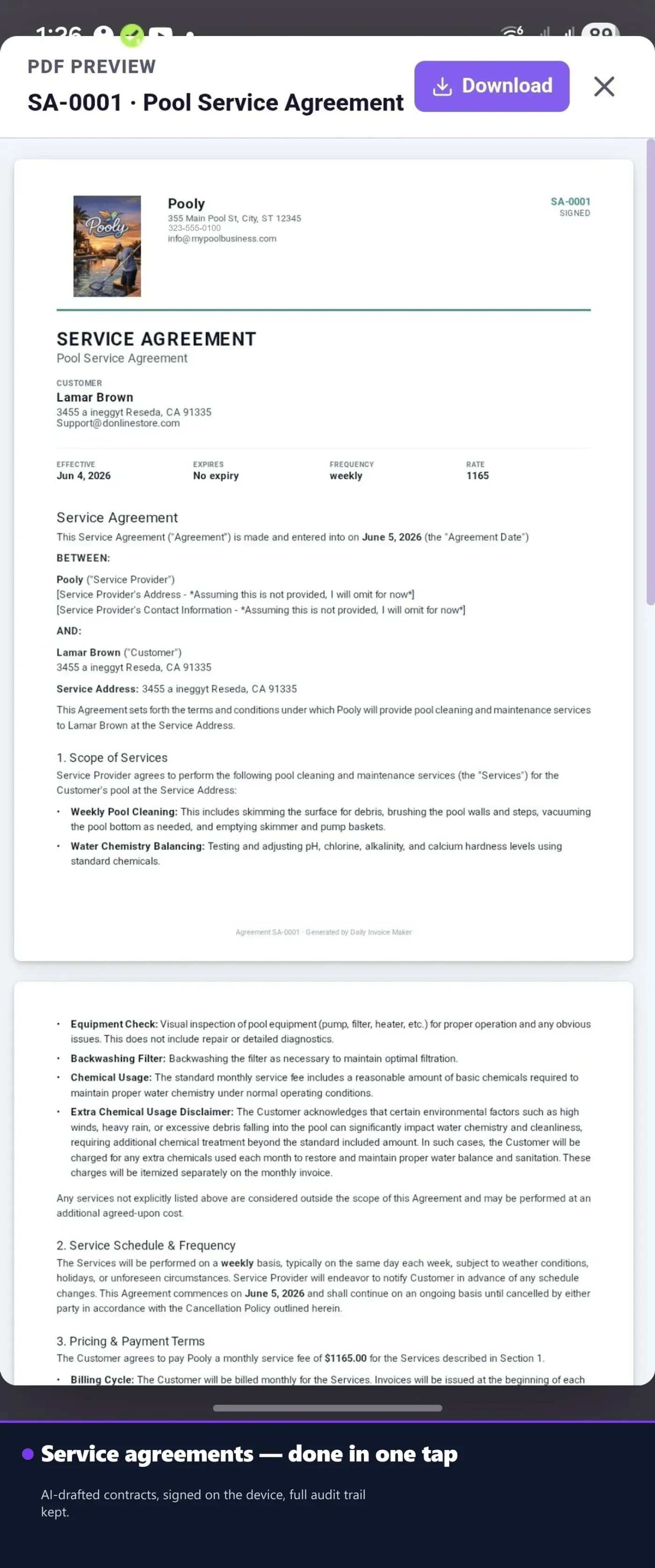HVAC service agreement screen with annual maintenance plan terms