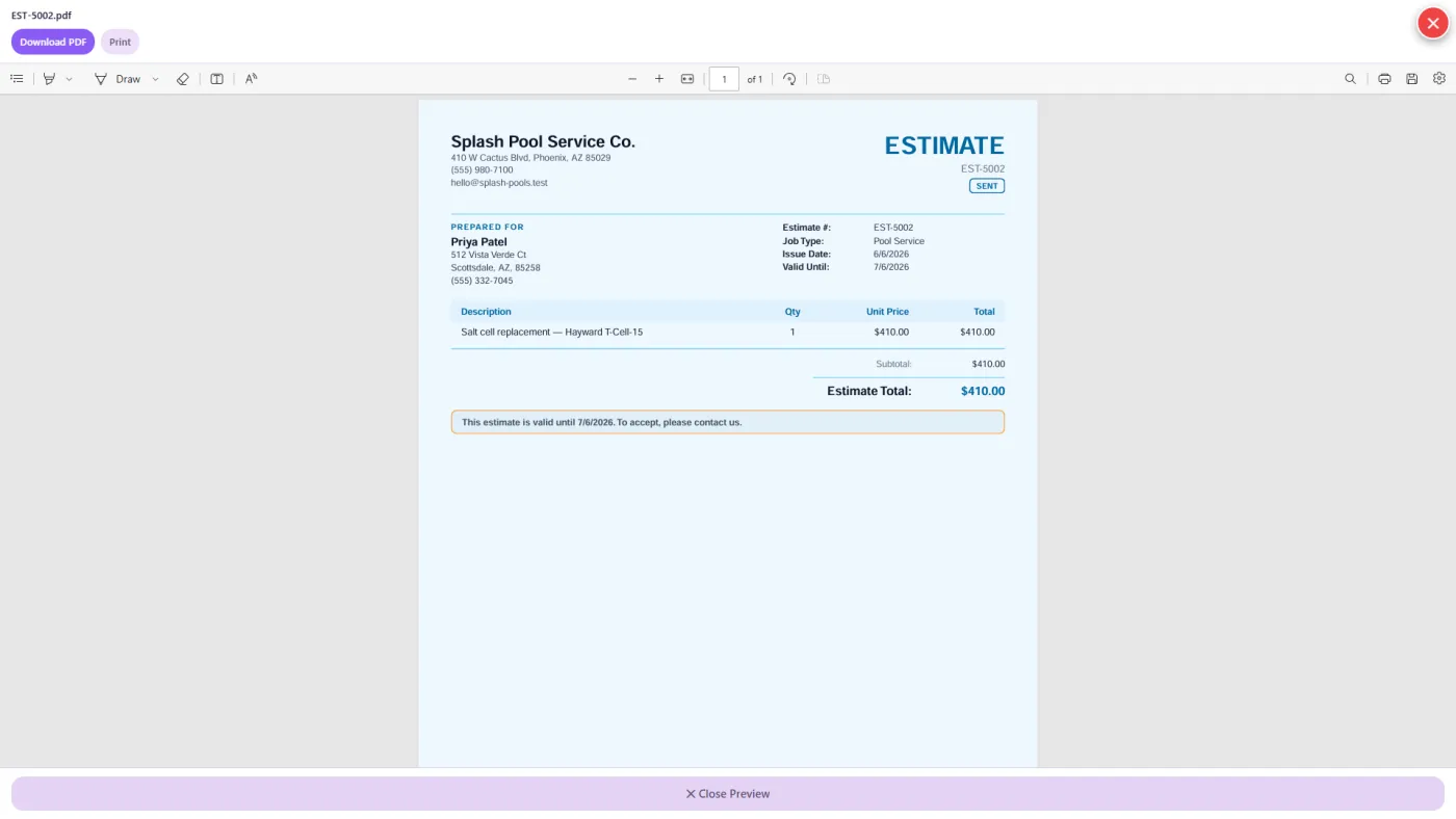 Branded, line-itemized plumbing estimate PDF