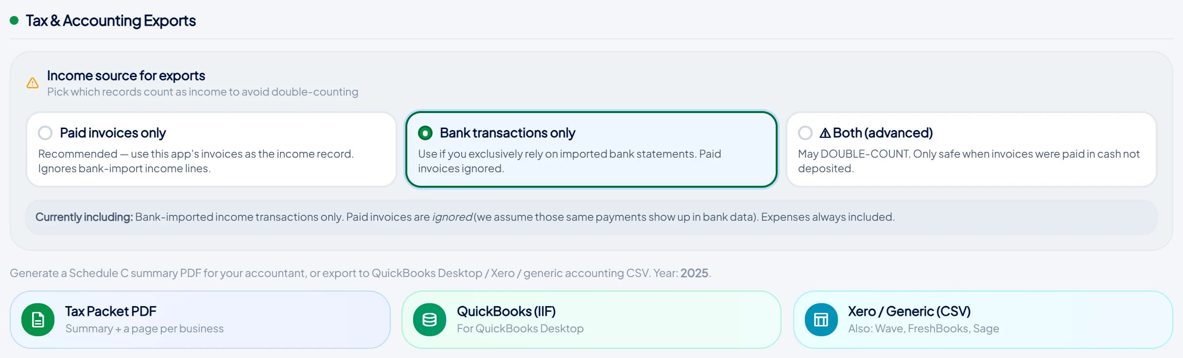Tax and accounting export panel: a Tax Packet PDF with a summary plus a page per business, a QuickBooks IIF export for QuickBooks Desktop, and a Xero or generic CSV that also suits Wave, FreshBooks and Sage — above an income-source selector that prevents double-counting