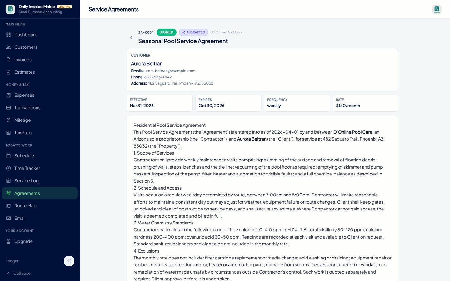 AI-drafted Seasonal Pool Service Agreement, marked Signed, with scope, schedule, water chemistry standards and exclusions