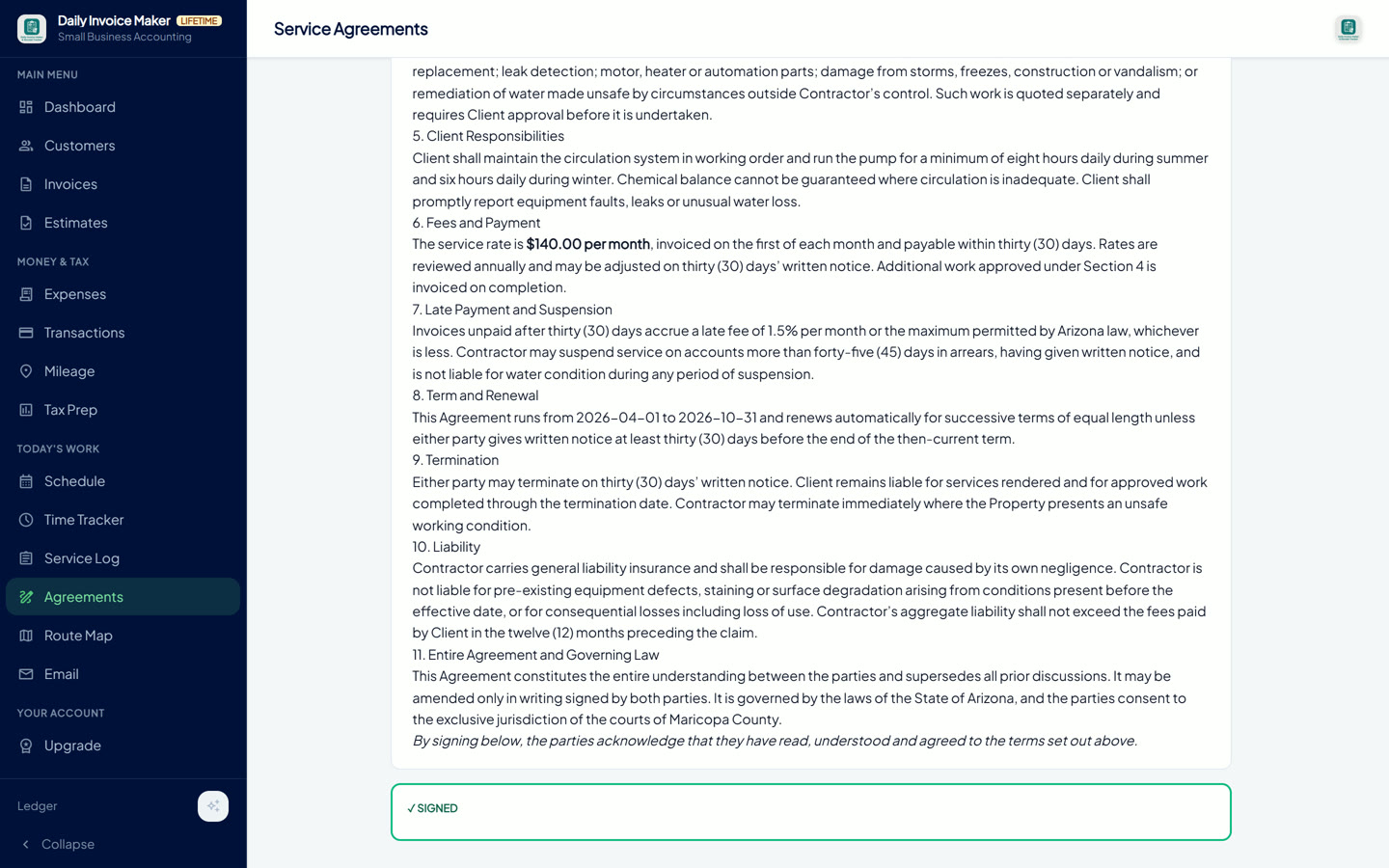 The end of the agreement: fees, late payment, termination, liability, and the Signed confirmation