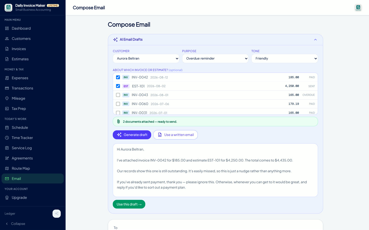 Compose Email with an AI-written overdue reminder, two documents attached