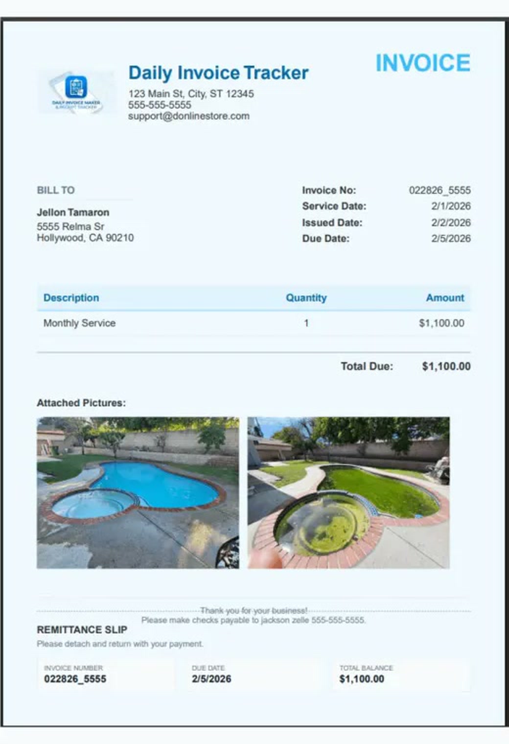 Invoice produced by the app: logo, bill-to, one line item, two attached pool photos, and a remittance slip