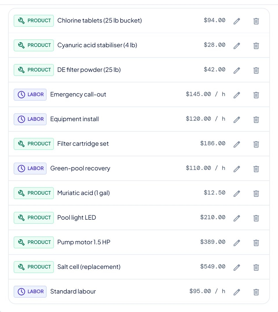 The Products & Rates list in Settings: parts such as a pump motor and a salt cell priced per unit, and labor rates such as standard labor and emergency call-out priced per hour