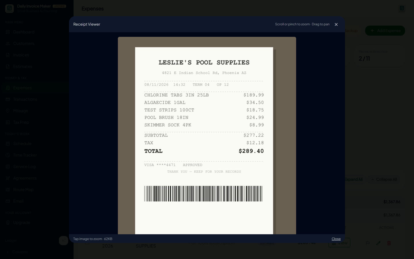 Receipt viewer: a scanned supply-store receipt stored with the expense