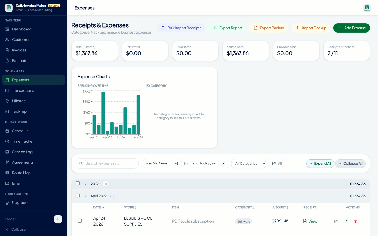 Receipts & Expenses page with totals, charts and the receipt filed on the row