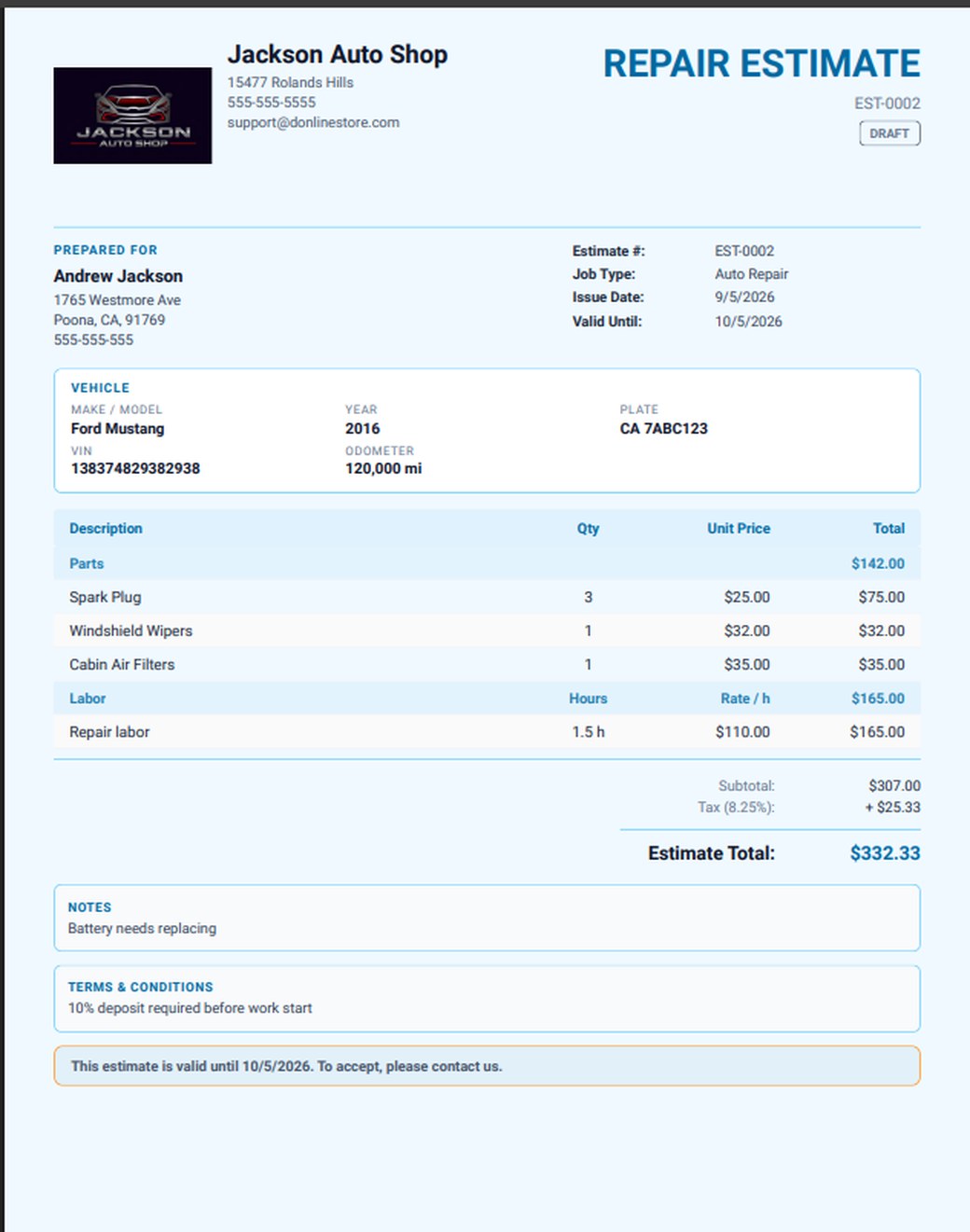 Repair estimate produced by the app: vehicle block with make, model, year, plate, VIN and odometer, then a Parts table and a Labor table with hours and rate