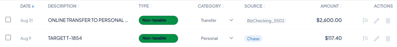 Two rows marked Non-taxable: an owner transfer to a personal account and a Target purchase on the business card