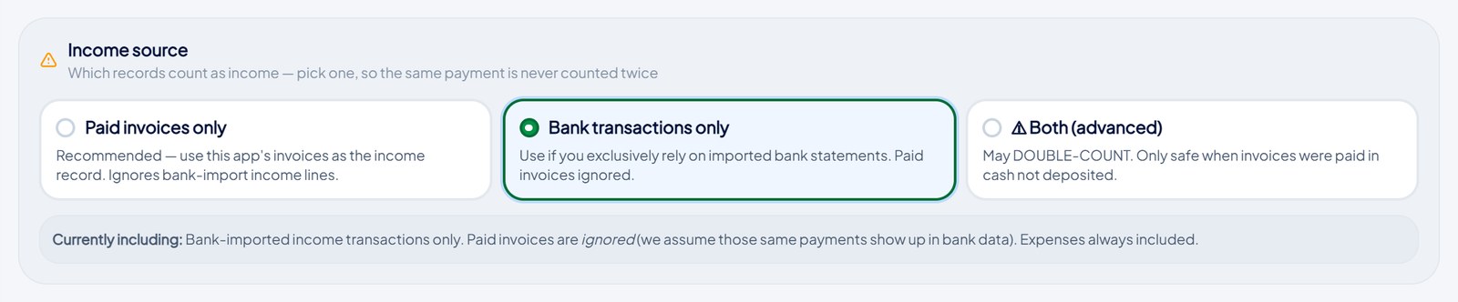 Income source options: paid invoices only, bank transactions only, or both with a double-count warning