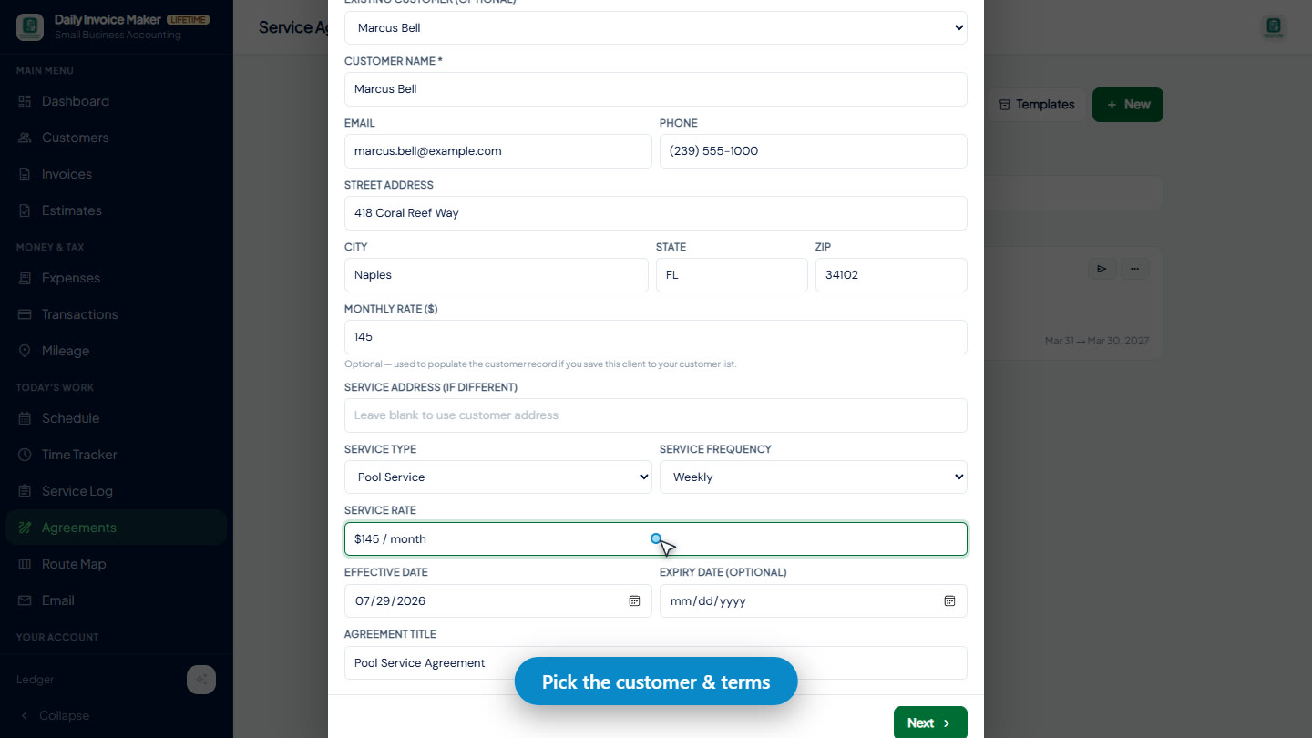 Starting a new service agreement in Daily Invoice Maker with the customer and terms auto-filled