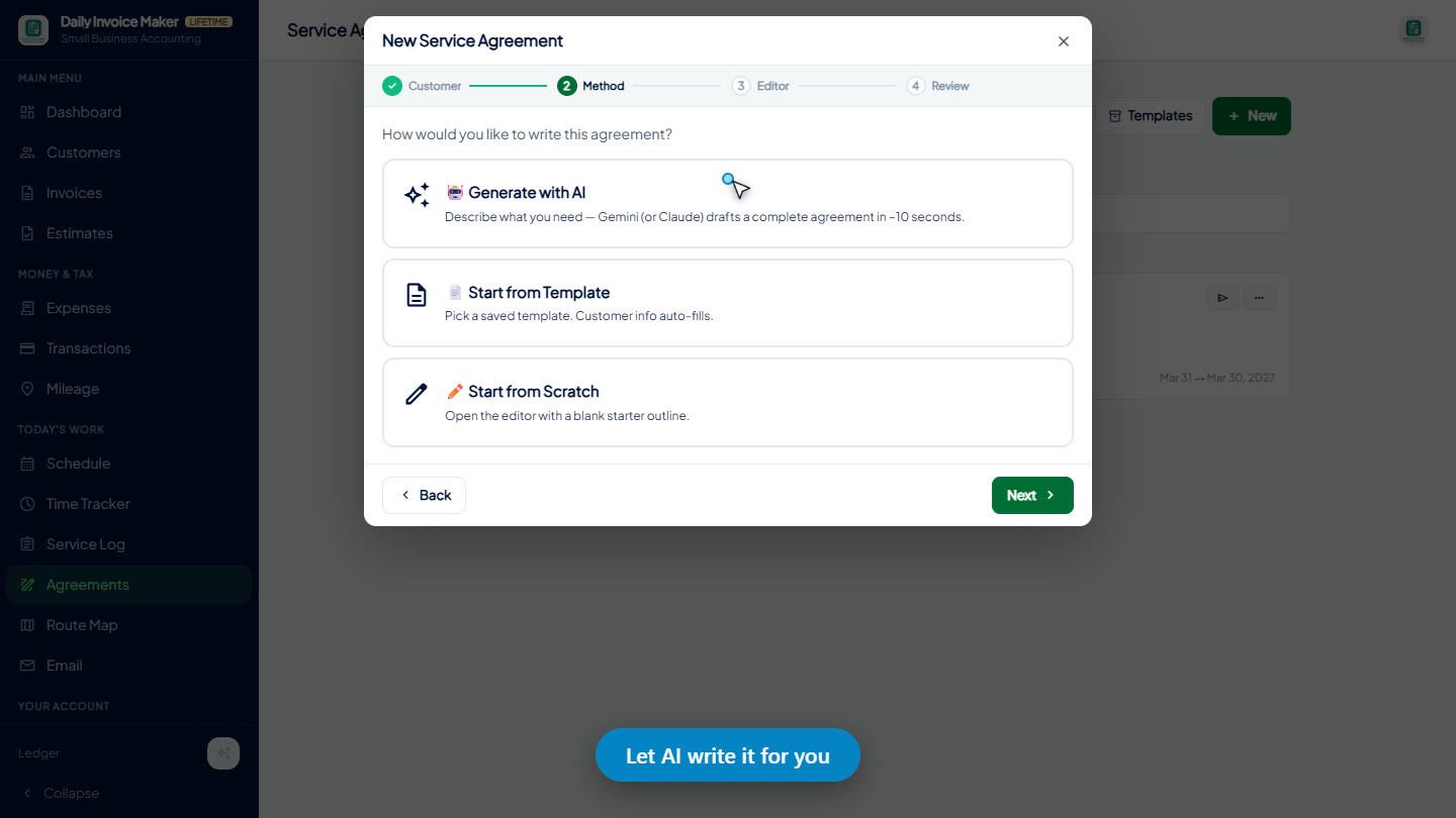 Choosing between AI generation, a template, or starting from scratch for a service agreement