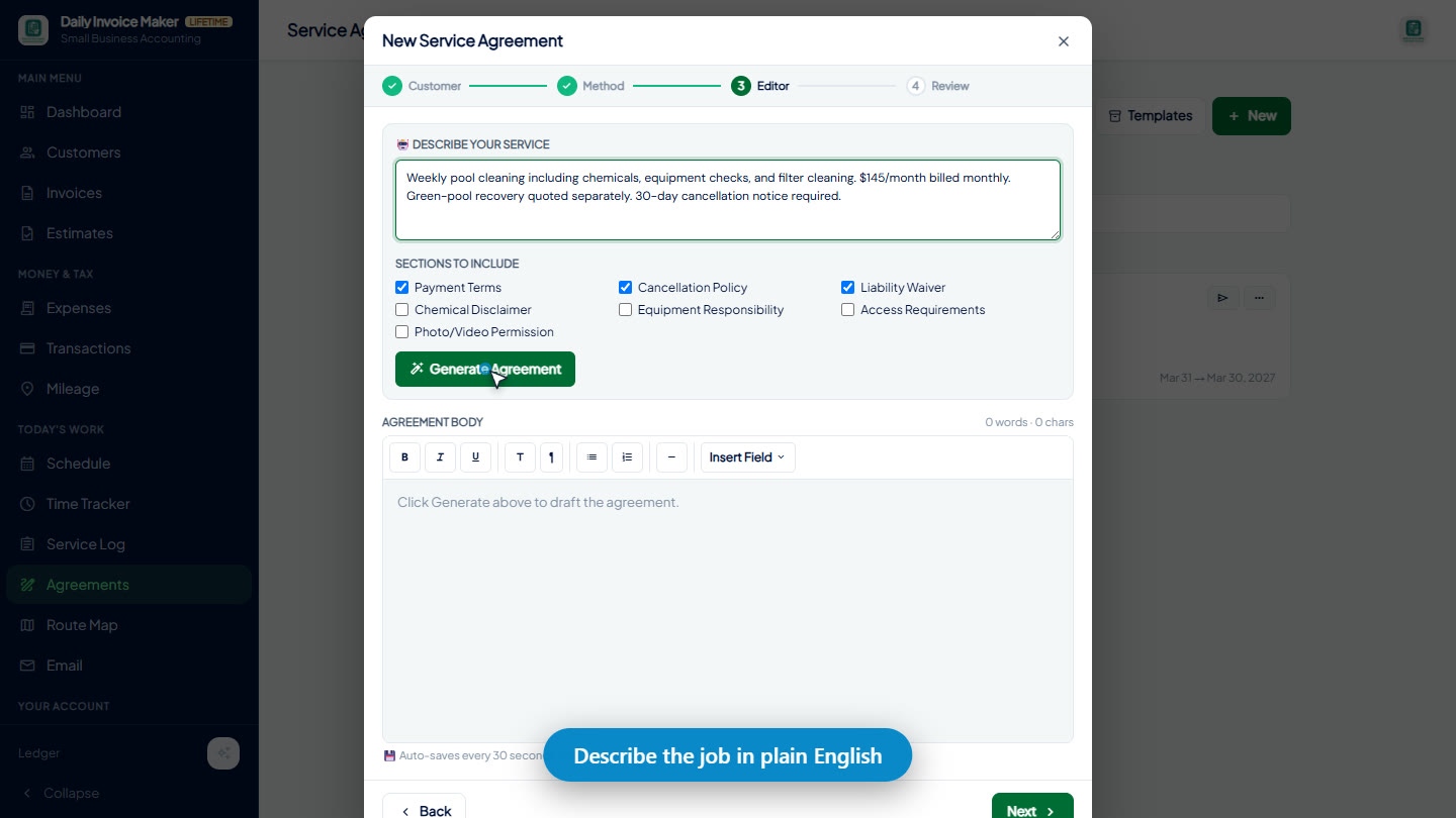 Describing the service in plain English before the AI drafts the agreement