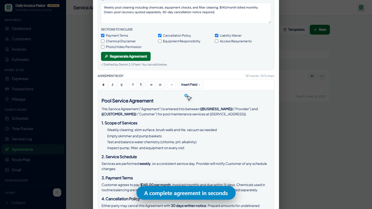 A complete AI-drafted pool service agreement with scope, schedule, payment terms, cancellation, and liability sections