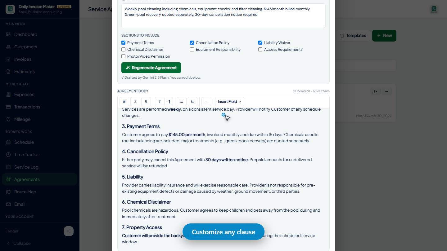 Customizing the AI-generated agreement by adding a custom Property Access clause in the editor