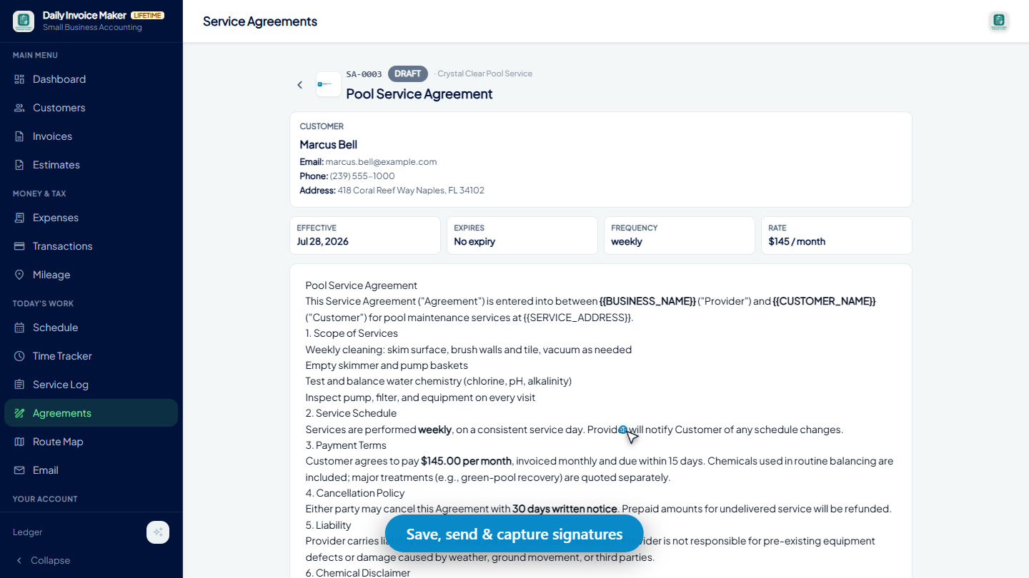 The saved service agreement with customer card, terms, agreement number, and Get Signature Now button