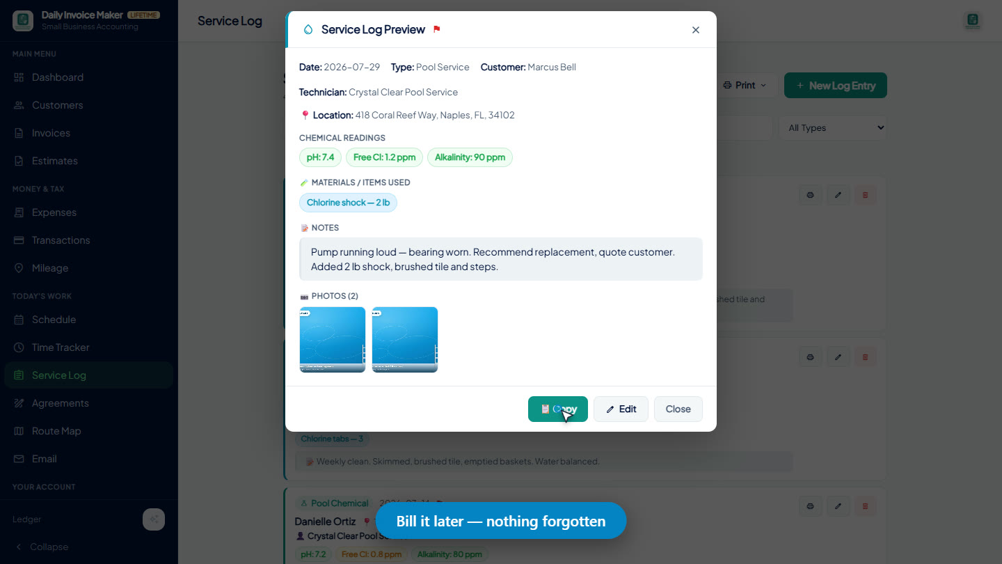 The service log preview with readings, notes, and photos, and the Copy button for pasting the summary into an invoice