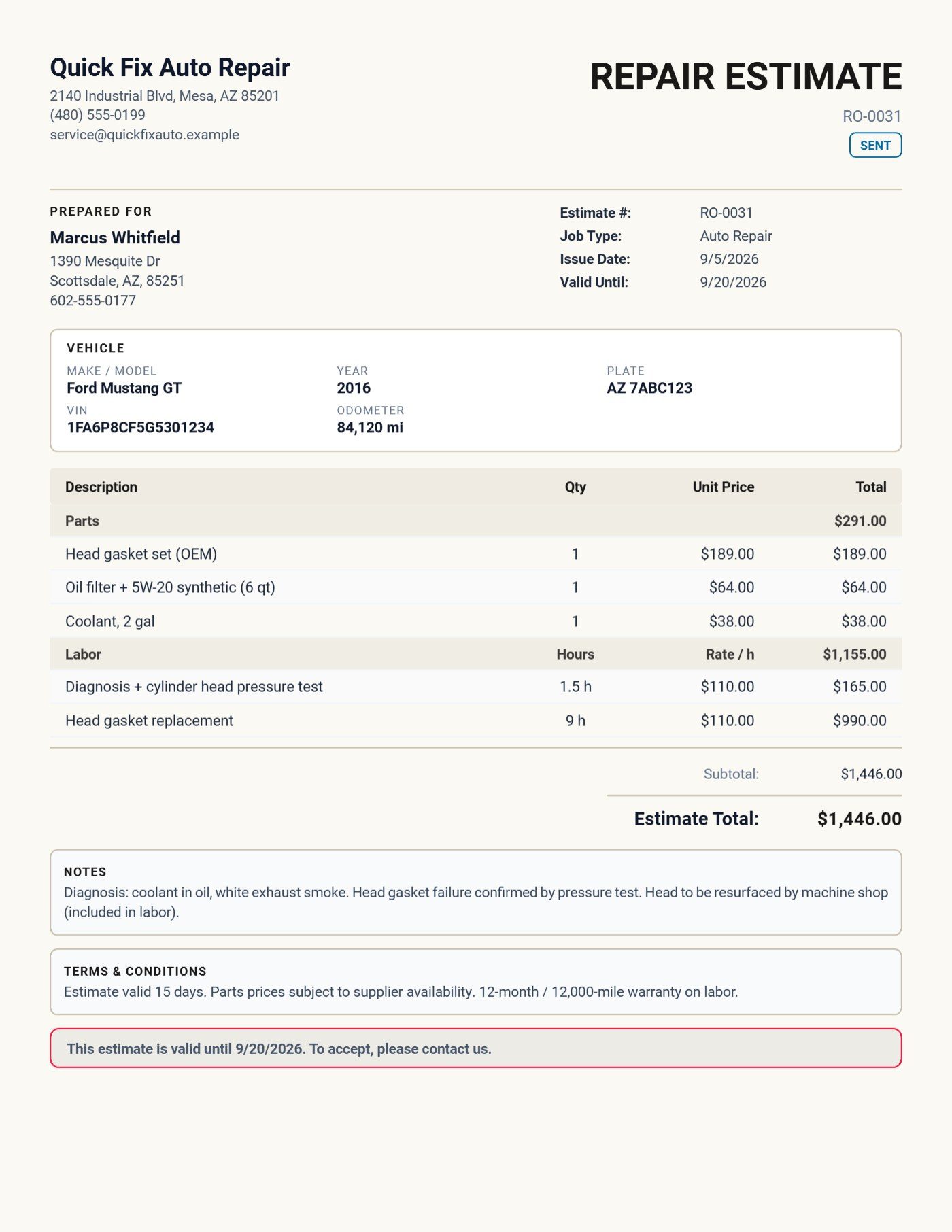 The Repair Estimate PDF: Quick Fix Auto Repair, vehicle block for the 2016 Mustang GT, Parts table totaling $291.00, Labor table totaling $1,155.00, estimate total $1,446.00