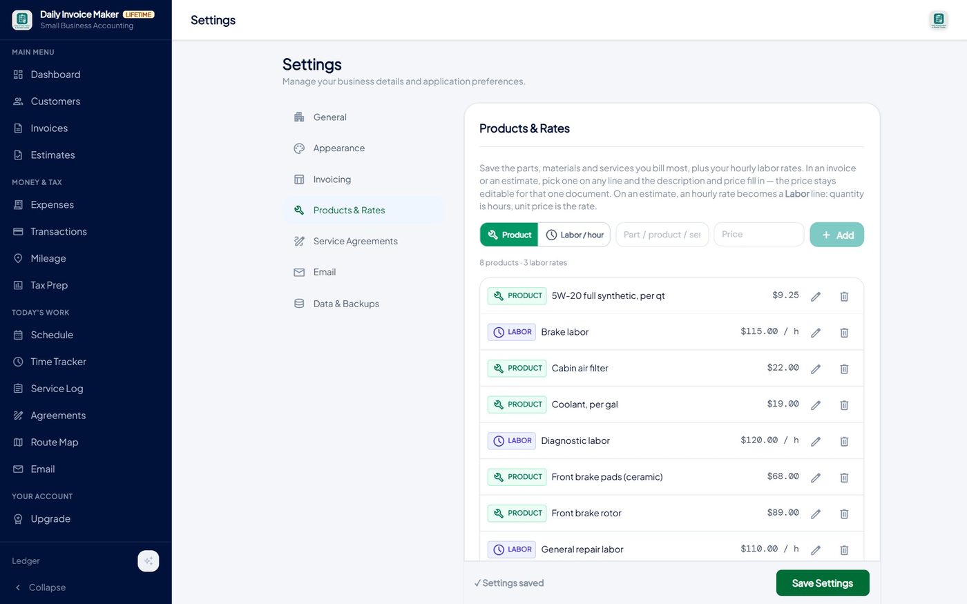 Settings → Products & Rates in Daily Invoice Maker with eight parts and three labor rates, each labeled PRODUCT or LABOR, with the labor rates shown per hour