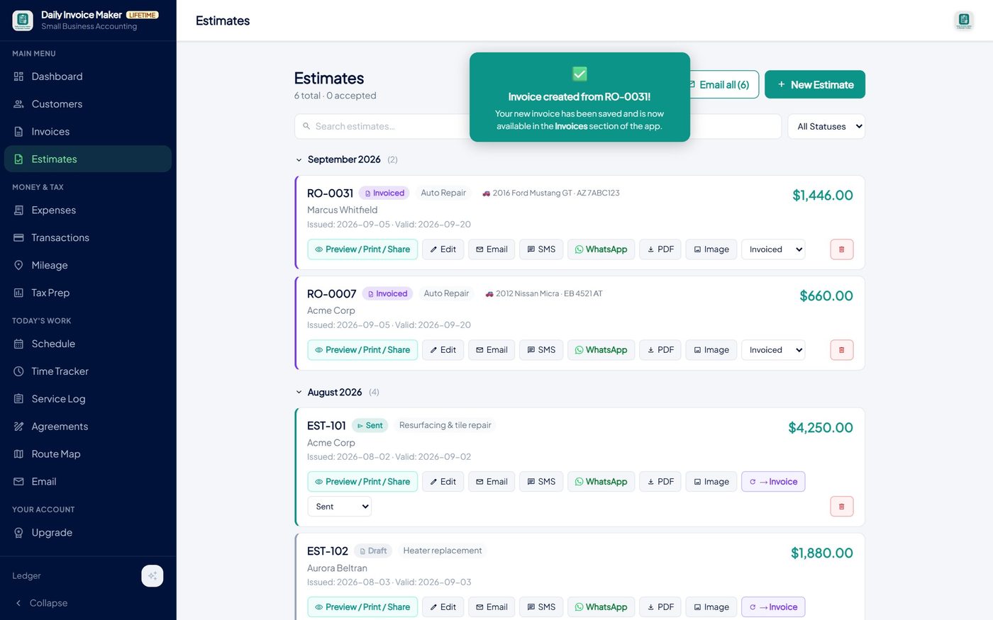 The Estimates list after tapping → Invoice: a toast confirms the invoice was created from RO-0031 and the estimate status changes to Invoiced