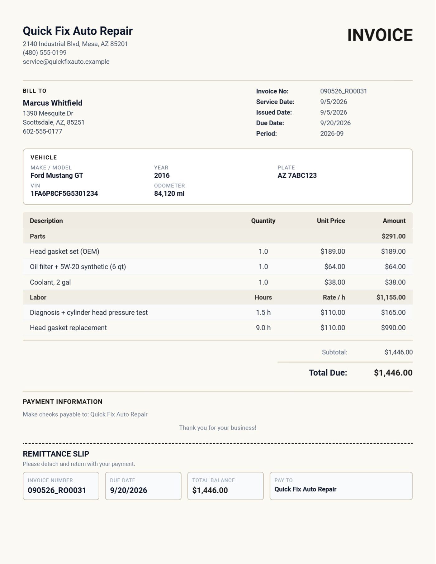 The invoice PDF for the Mustang job: vehicle block, Parts table, Labor table with hours and rate, total due $1,446.00, remittance slip