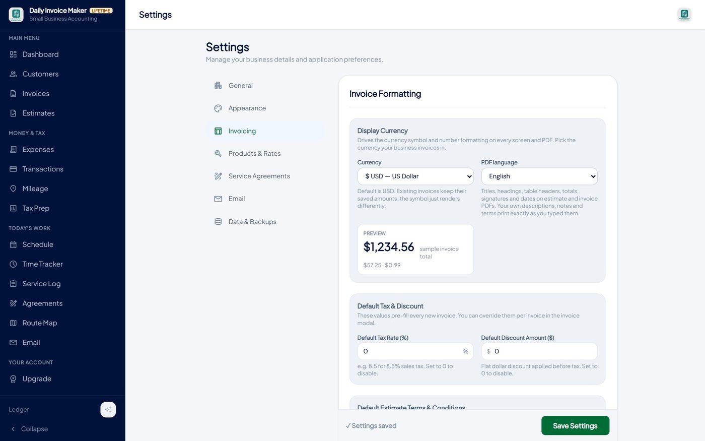 Settings → Invoicing showing the Display Currency and PDF language dropdowns side by side
