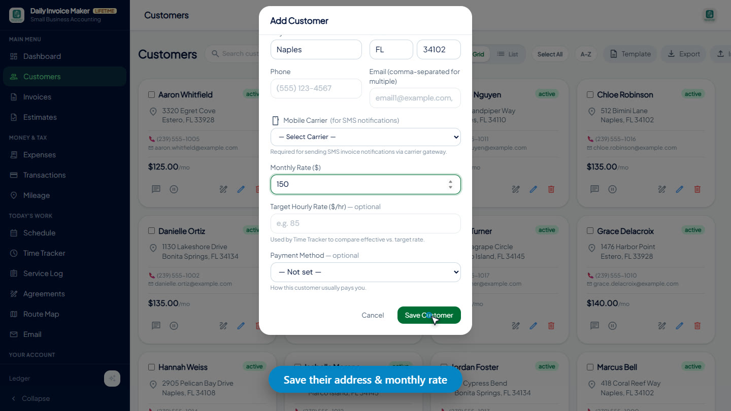 Adding a new customer in Daily Invoice Maker with name, address, and a Monthly Rate of $150
