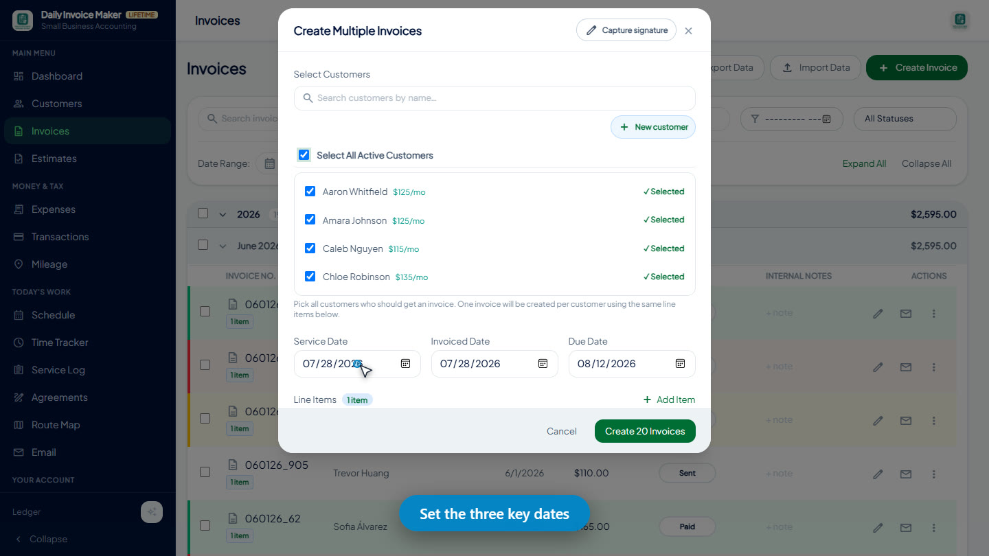 Creating multiple invoices at once: all customers selected, with Service Date, Invoiced Date, and Due Date fields, and a Create 20 Invoices button
