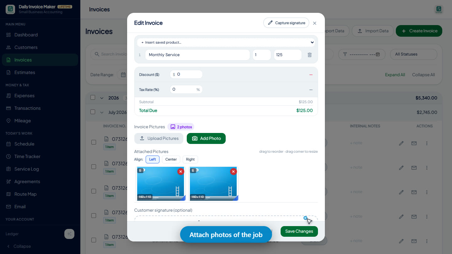 Attaching two before-and-after job photos to an invoice in Daily Invoice Maker