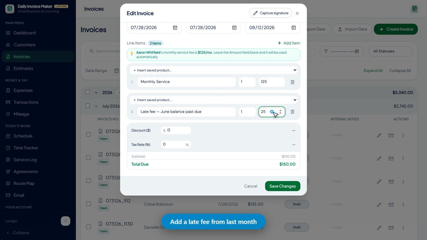 Adding a $25 late fee line item to an invoice so the total becomes $150