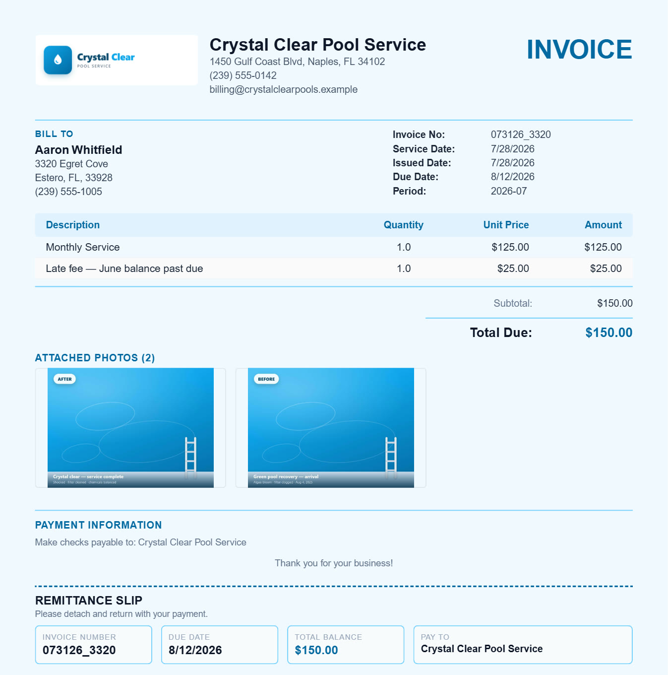 The finished invoice PDF for Crystal Clear Pool Service with logo, Monthly Service $125, Late fee $25, total $150, and two attached job photos