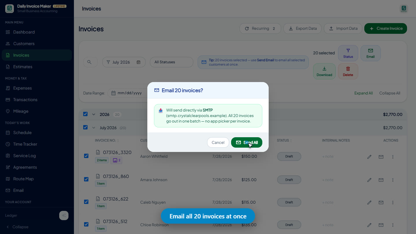Emailing all 20 invoices at once from Daily Invoice Maker with a Send All confirmation