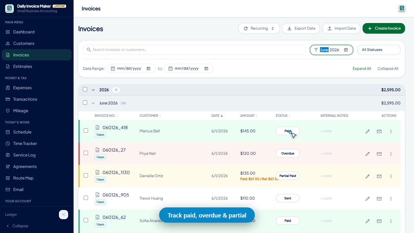 Tracking invoice payments in Daily Invoice Maker: paid, overdue, partial paid, and sent invoices color-coded in one list