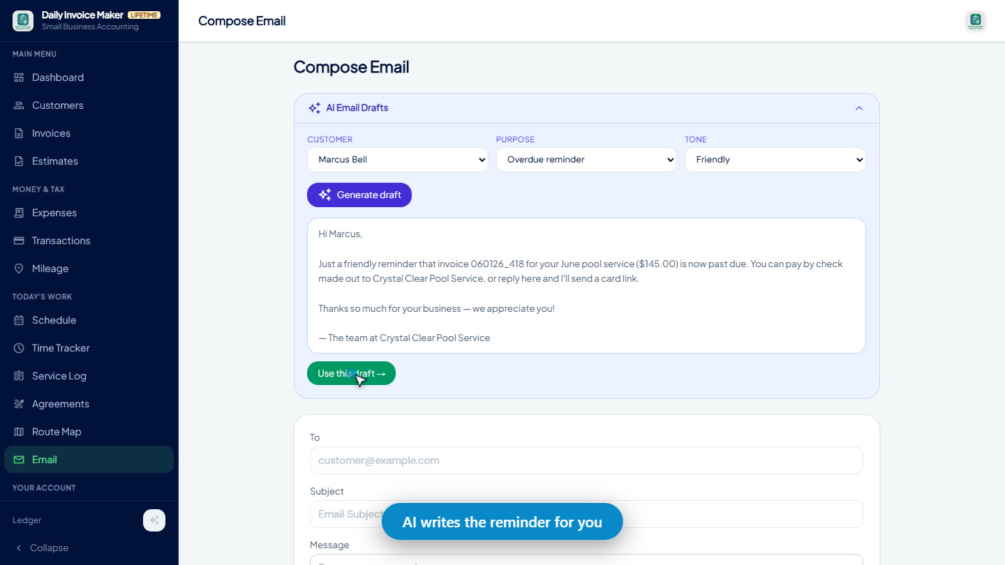 The AI Email Draft feature writing a friendly overdue-payment reminder for a customer in Daily Invoice Maker