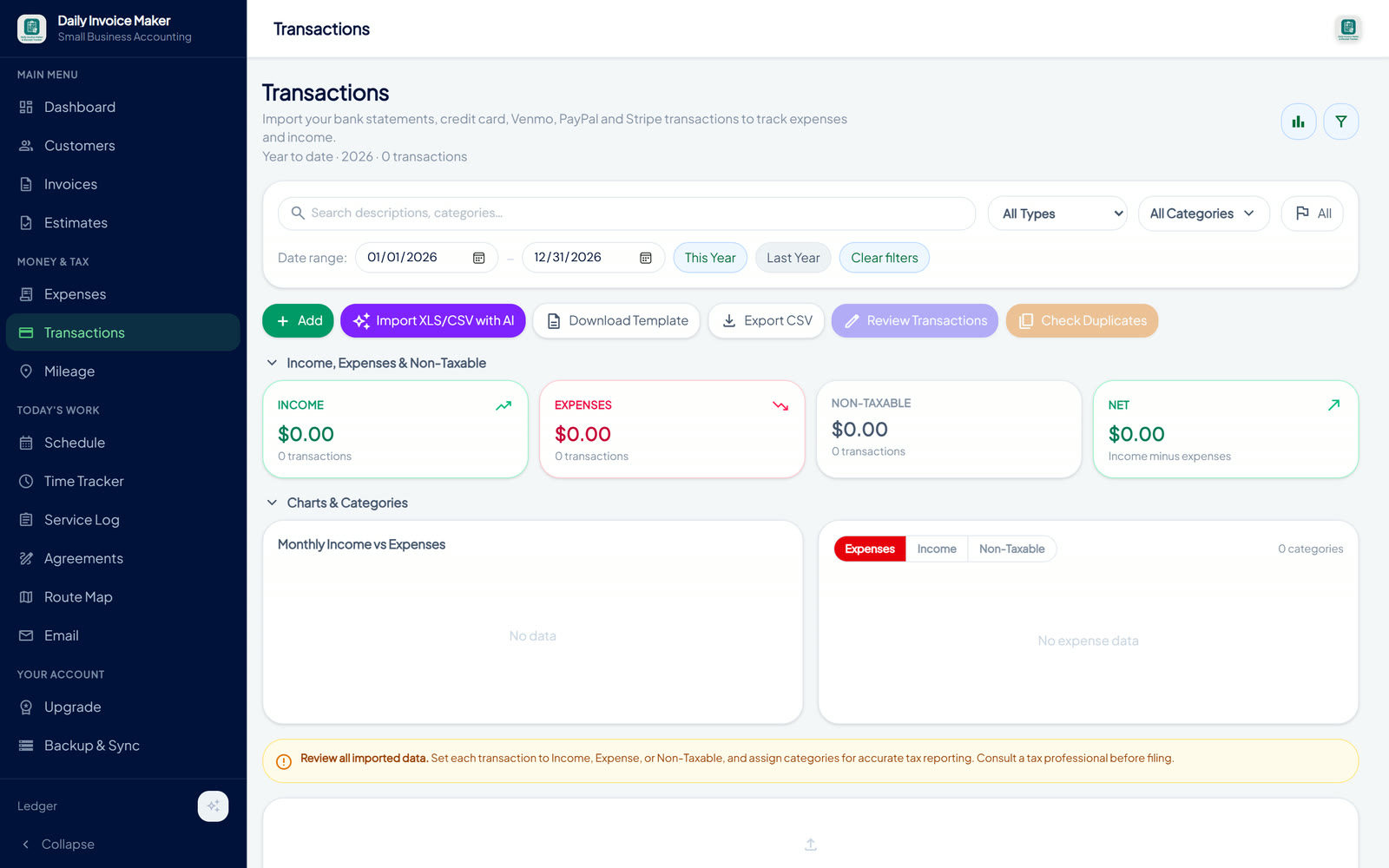 The empty Transactions screen in Daily Invoice Maker with Import, Review, and Add buttons