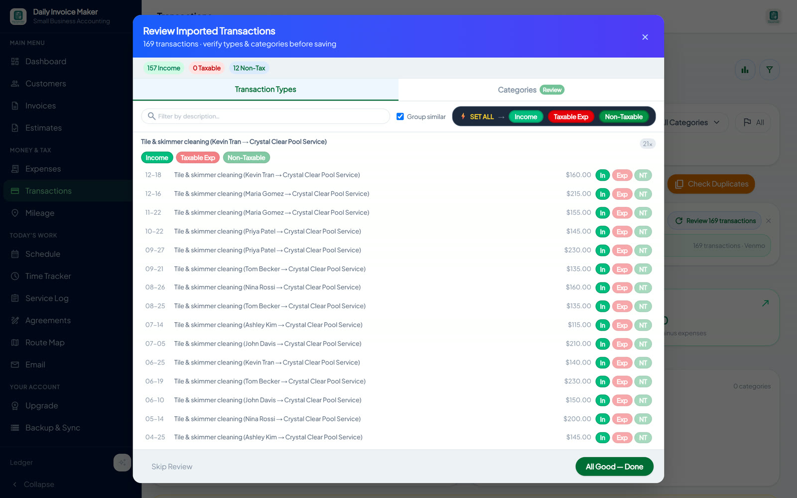 Review Imported Transactions screen showing 157 Venmo payments as income and 12 transfers as non-taxable