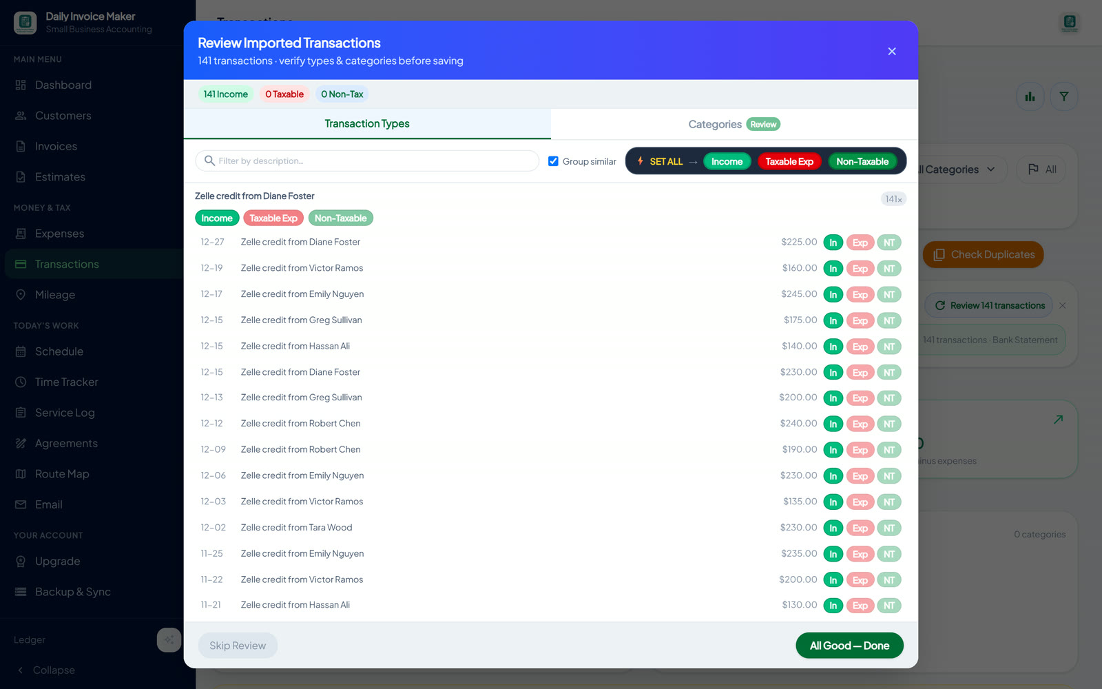 Zelle credits detected from a bank statement and imported as income