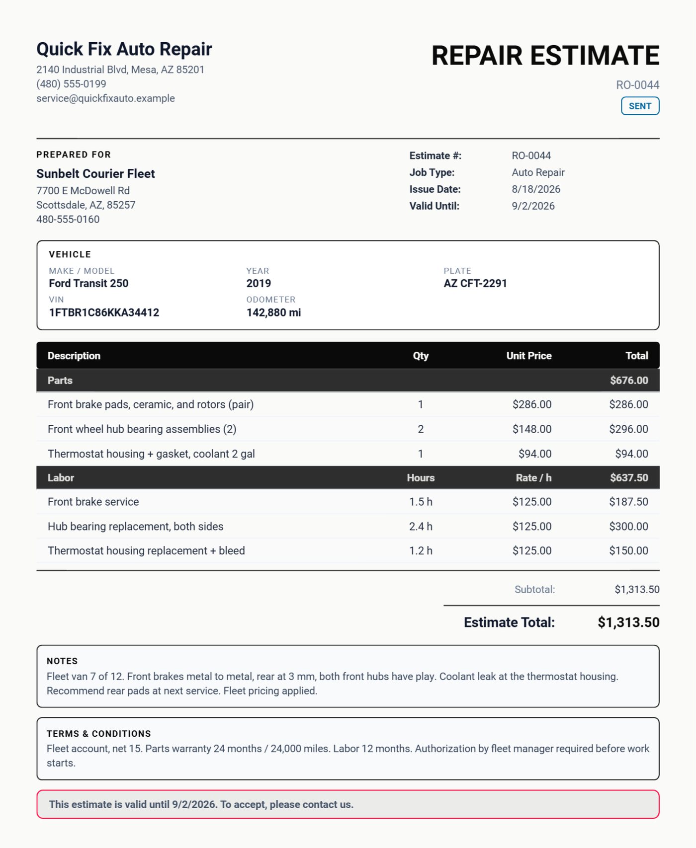 Auto repair estimate from Daily Invoice Maker for a fleet Ford Transit with a vehicle block, a Parts table and a Labor table with hours and rate