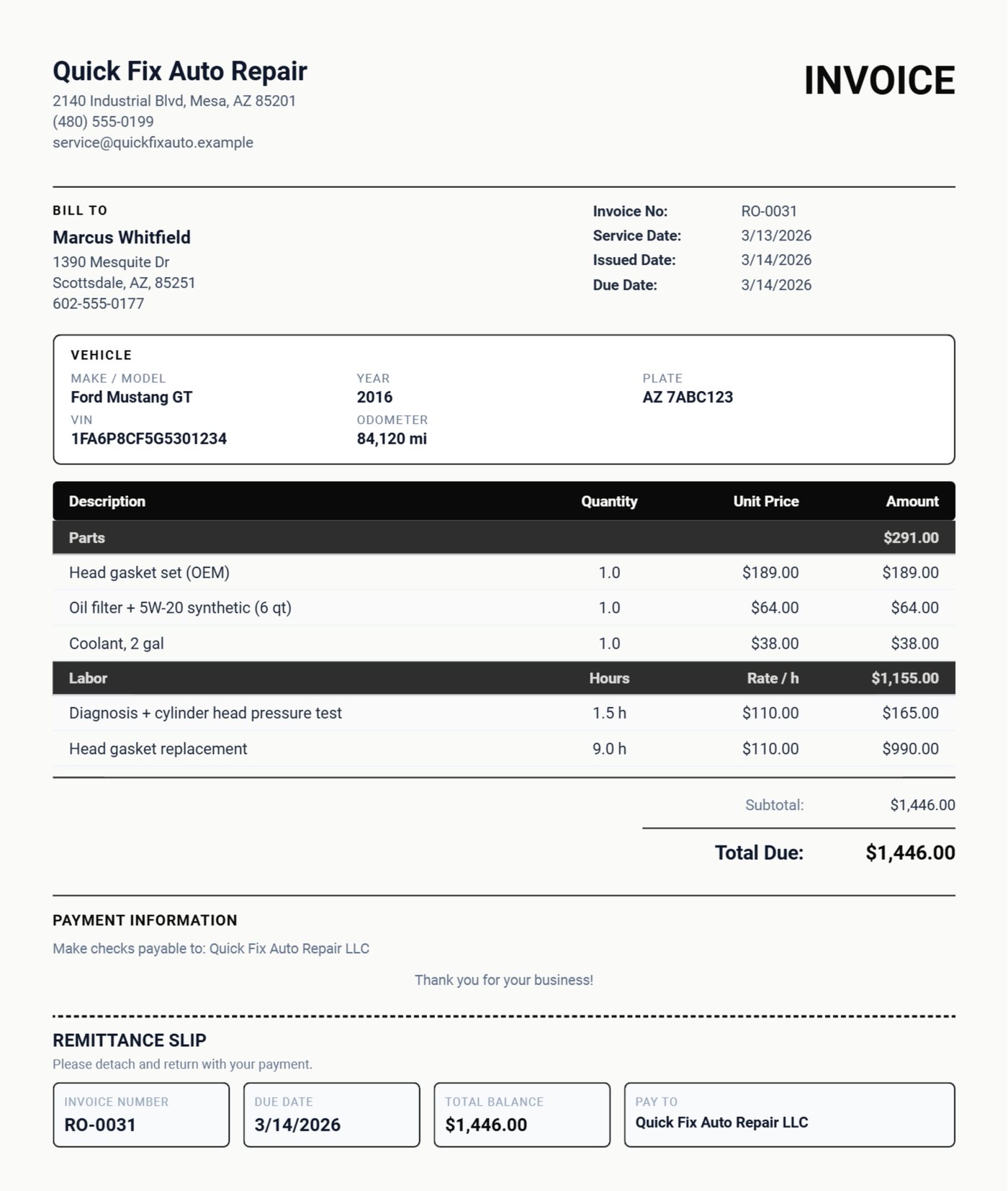 Auto repair invoice with vehicle details, a Parts section and a Labor section with hours and rate, for a 2016 Mustang head gasket job