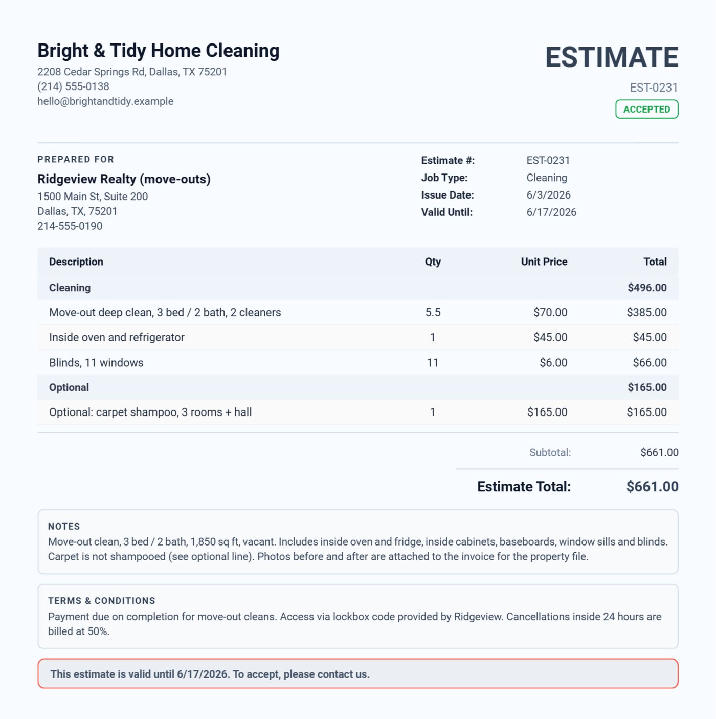 Cleaning estimate for a move-out clean: 5.5 hours for two cleaners, inside oven and fridge, blinds, and an optional carpet shampoo section