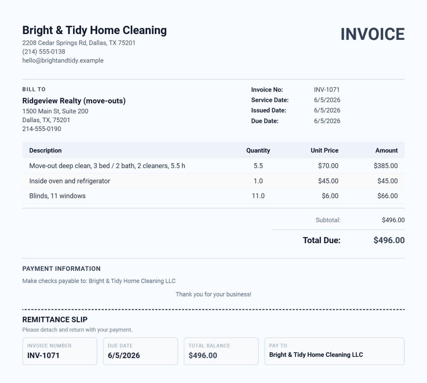 Move-out cleaning invoice from Daily Invoice Maker with hourly line, add-ons, property note and the invoice total