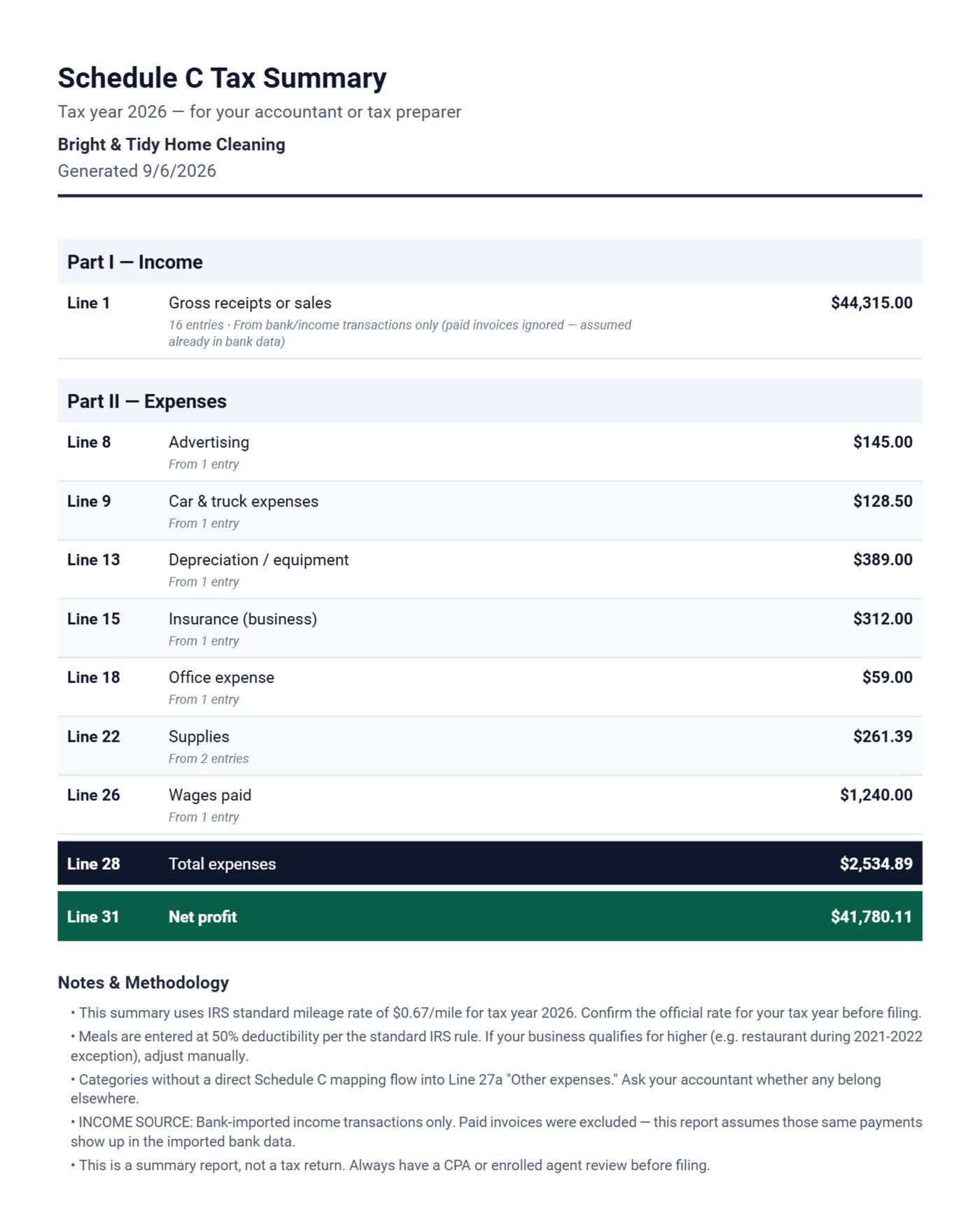 Schedule C tax summary for a cleaning business generated by Daily Invoice Maker