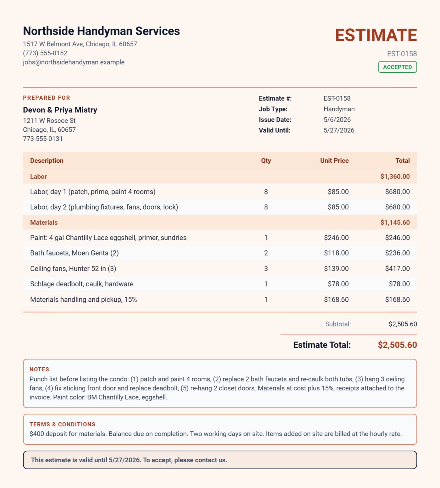 Handyman estimate from Daily Invoice Maker with Labor and Materials sections, a materials deposit and hourly terms for added work