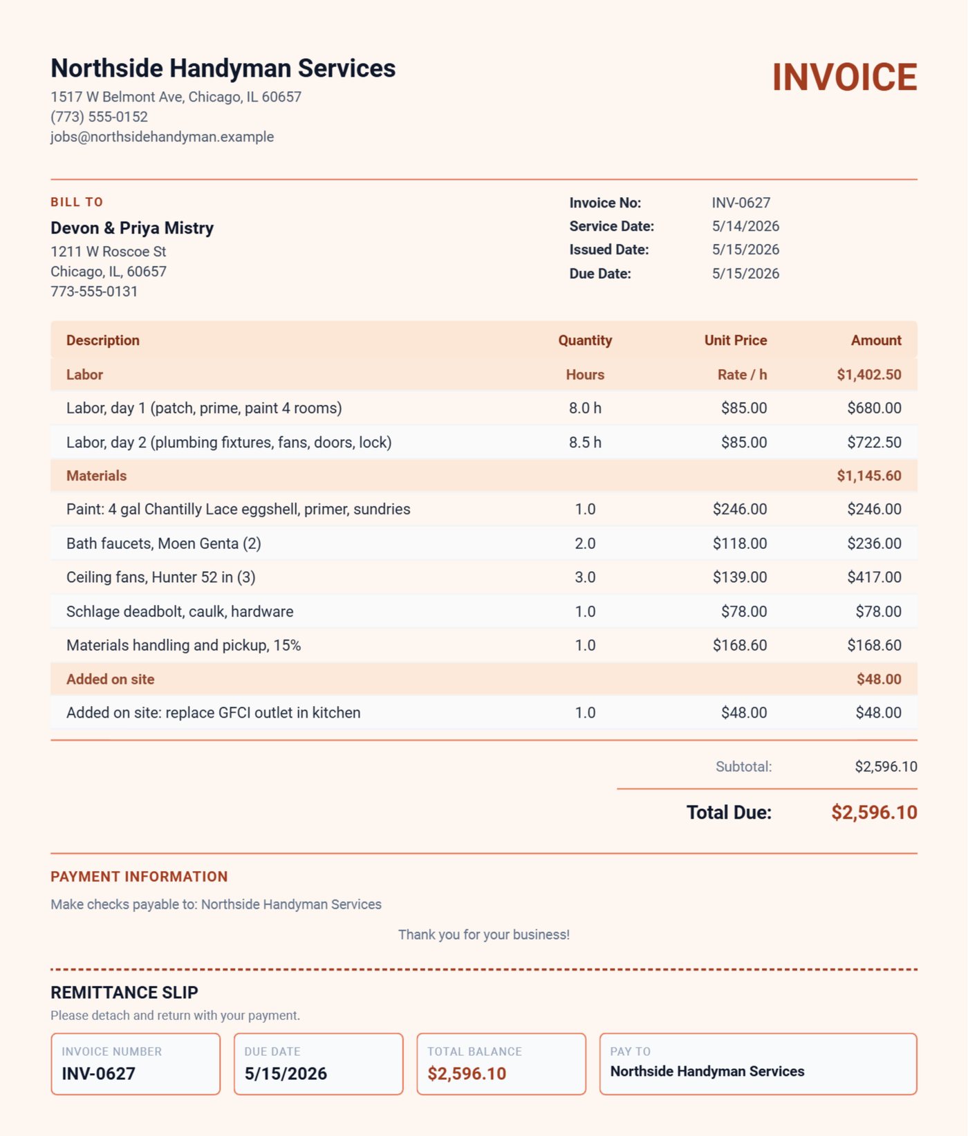 Handyman invoice with Labor, Materials and Added on site sections, a materials handling line, deposit recorded and balance due
