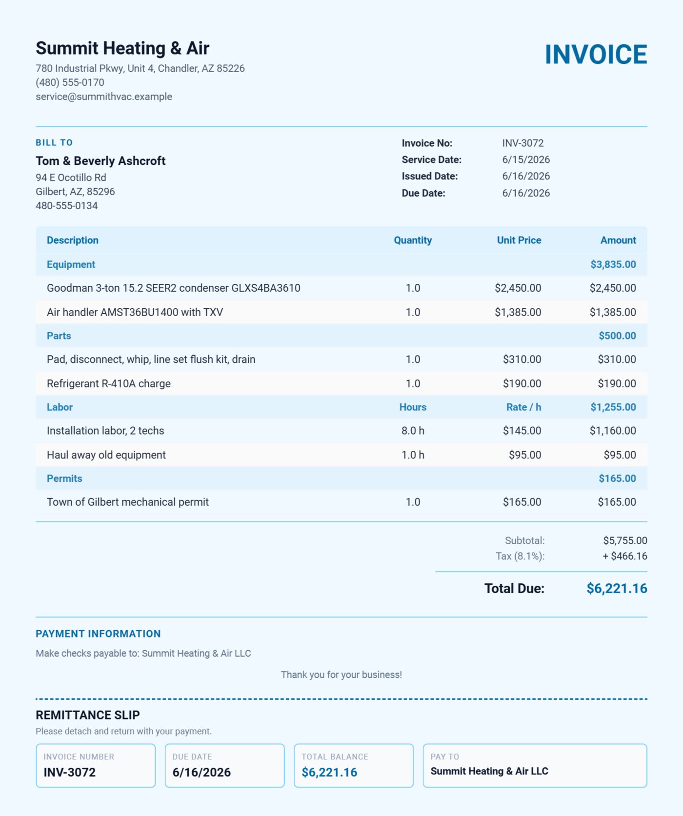 HVAC invoice for a system replacement with Equipment, Parts, Labor and Permits sections, deposit recorded and balance due