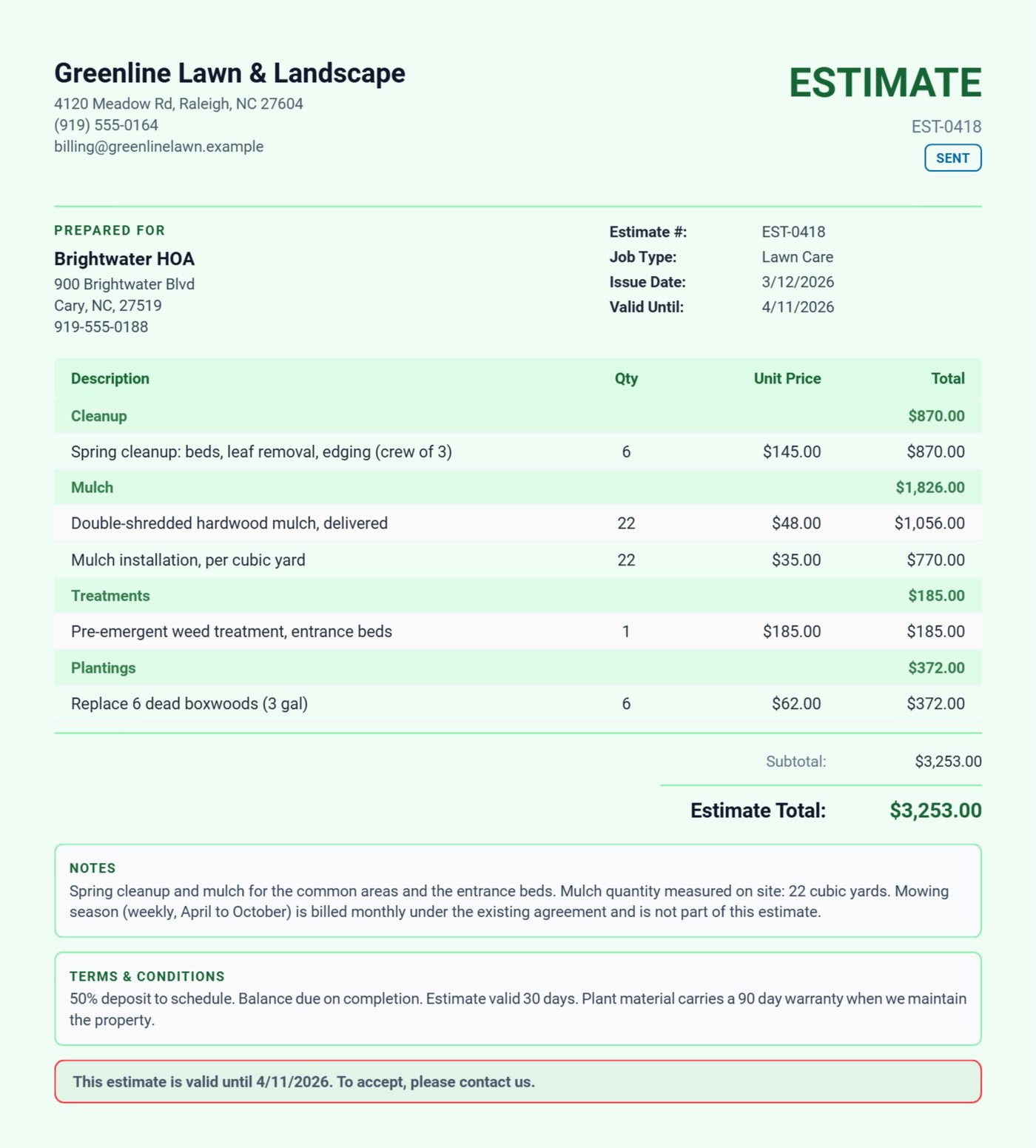 Lawn care estimate for an HOA spring cleanup with Cleanup, Mulch, Treatments and Plantings sections and a 50 percent deposit term